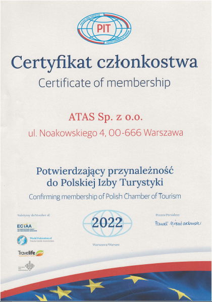 Certyfikat członkostwa dla ATAS potwierdzający przynależność do Polskiej Izby Turystyki 2022